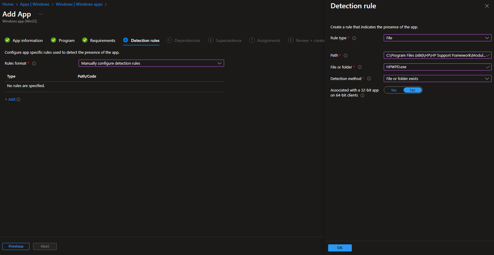 Configuring detection rules for HP Support Assistant